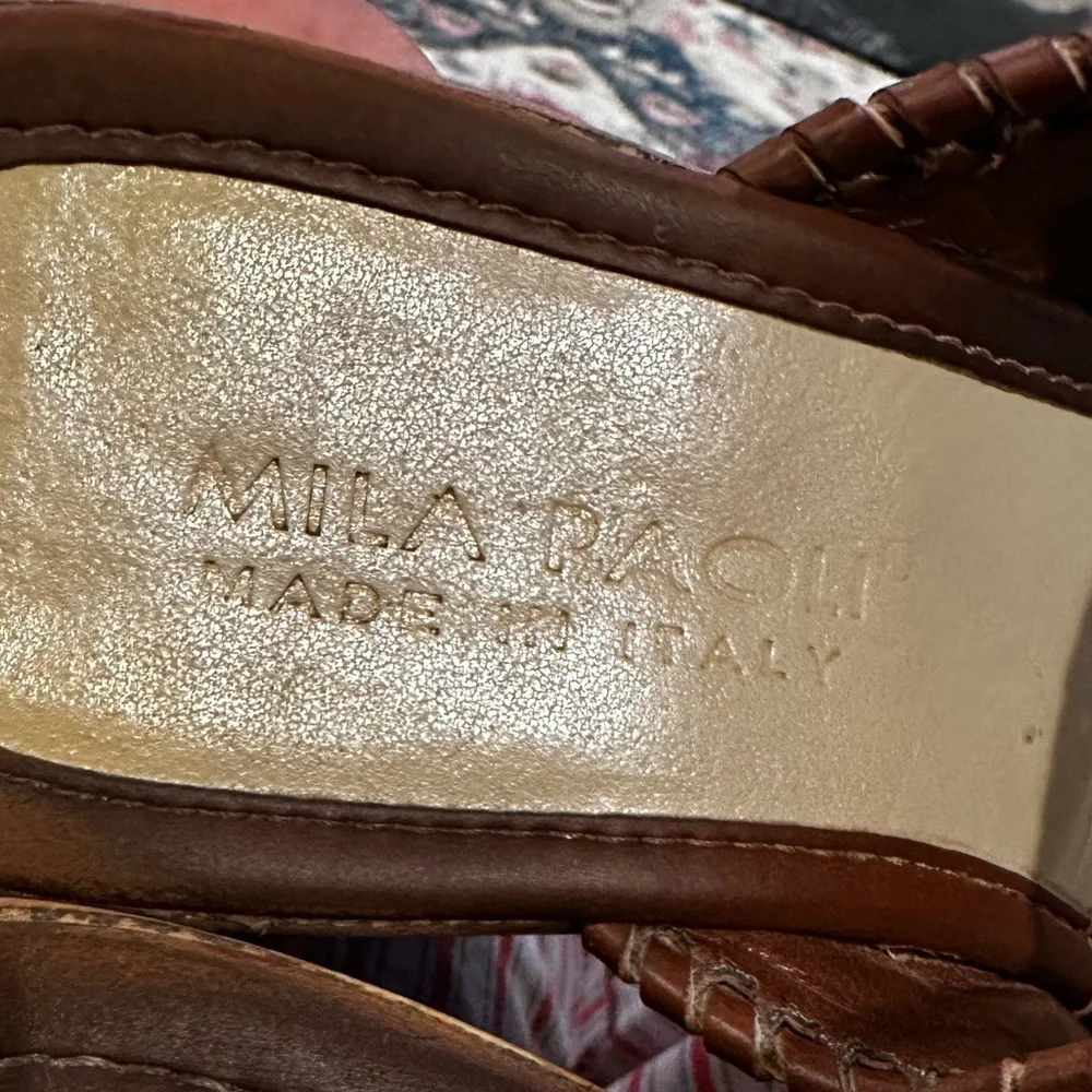 MILA PAOLI LEATHER WEDGE PLATFORM WHIPSTITCH NAVAJO TAN SANDAL SHOES 7.5